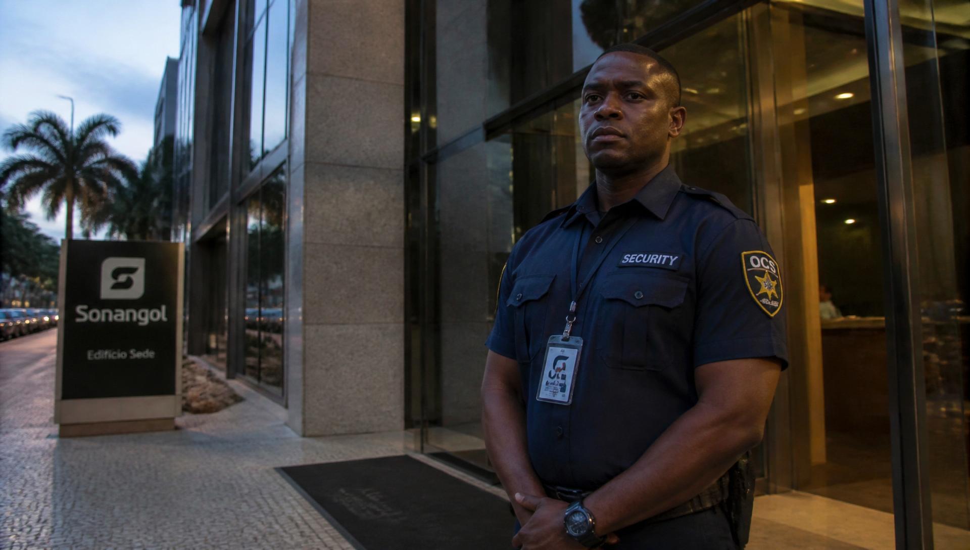 Agente de segurança do Grupo Protec à entrada de um edifício corporativo